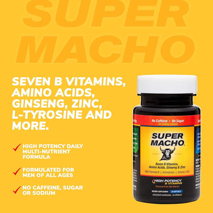 Super Macho Dietary Supplement with High Potency Zinc & 7 B Vitamins, 50 Softgels