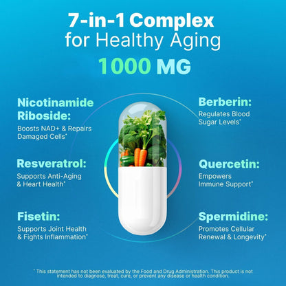 Liposomal Nicotinamide Riboside NR Supplement with Resveratrol, Fisetin, Quercetin, Spermidine, Berberine, Apigenin - NAD+ Booster 500 mg - 60 Capsules