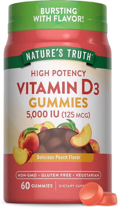 Nature's Truth Vitamin D3 Gummies - 5000 IU, 60 Count, Peach Flavour