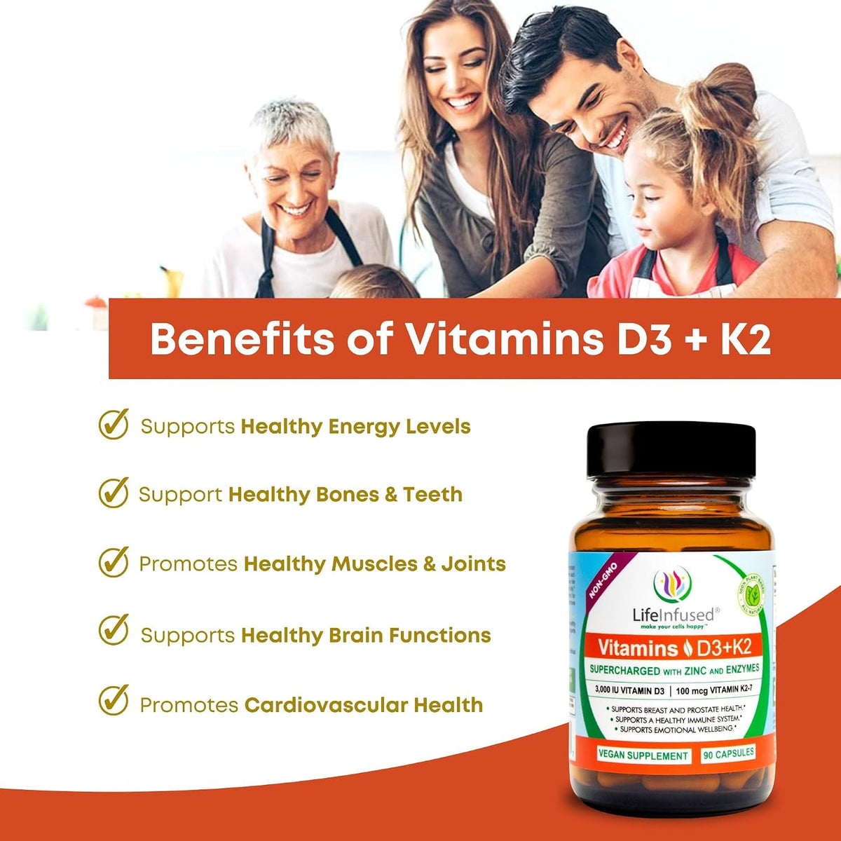 Life Infused Vitamin D3 + K2 with Zinc & Enzymes - 3000 iU D3, MK-7 K2, 90 Vegan Capsules - görsel 3