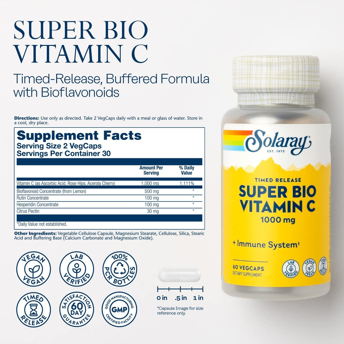SOLARAY Super Bio Buffered Vitamin C 1000mg - Timed Release with Bioflavonoids, Vegan, 60 Vegan Capsules (30 servings) - görsel 2