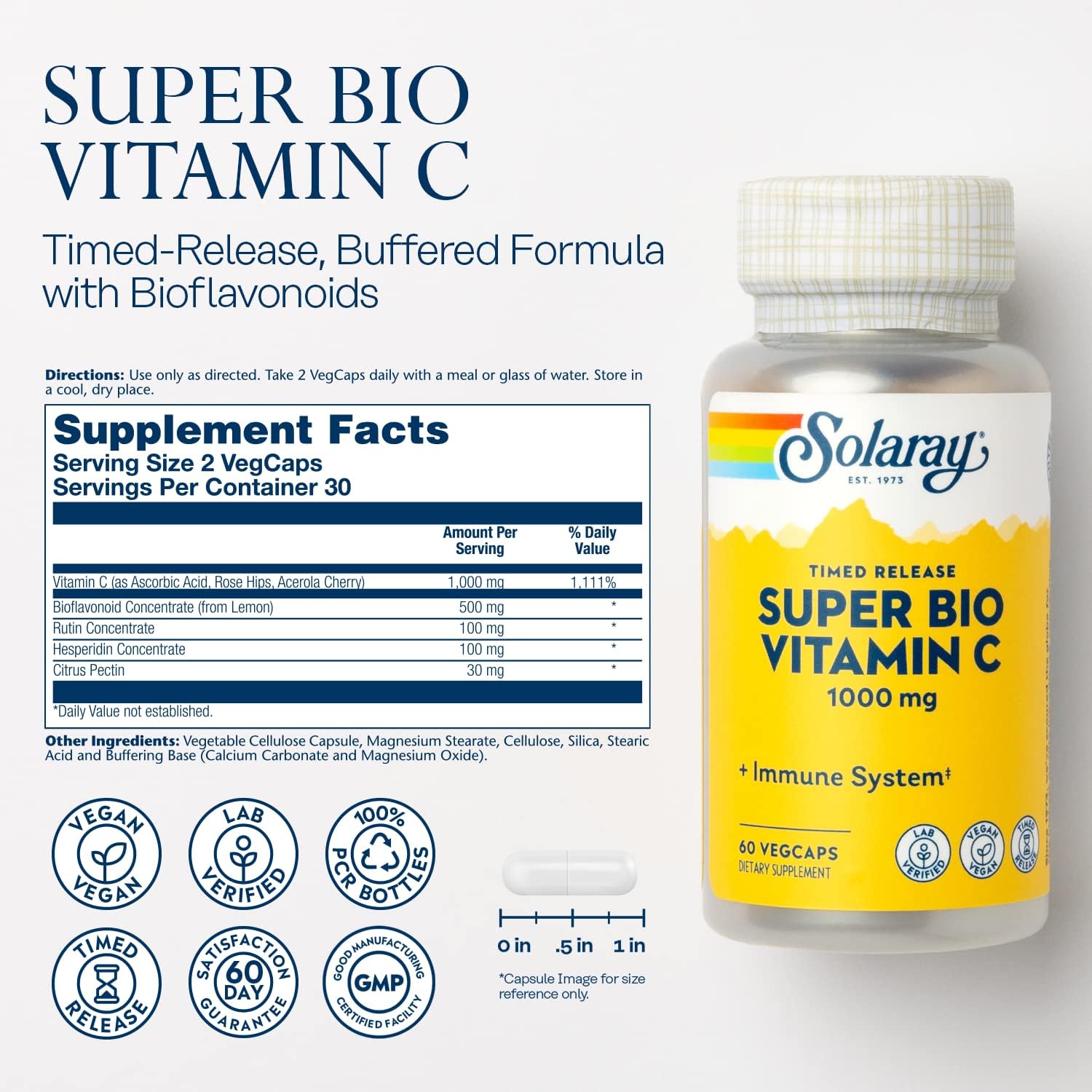 SOLARAY Super Bio Buffered Vitamin C 1000mg - Timed Release with Bioflavonoids, Vegan, 60 Vegan Capsules (30 servings) - görsel 2