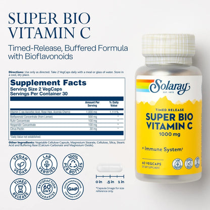 SOLARAY Super Bio Buffered Vitamin C 1000mg - Timed Release with Bioflavonoids, Vegan, 60 Vegan Capsules (30 servings)