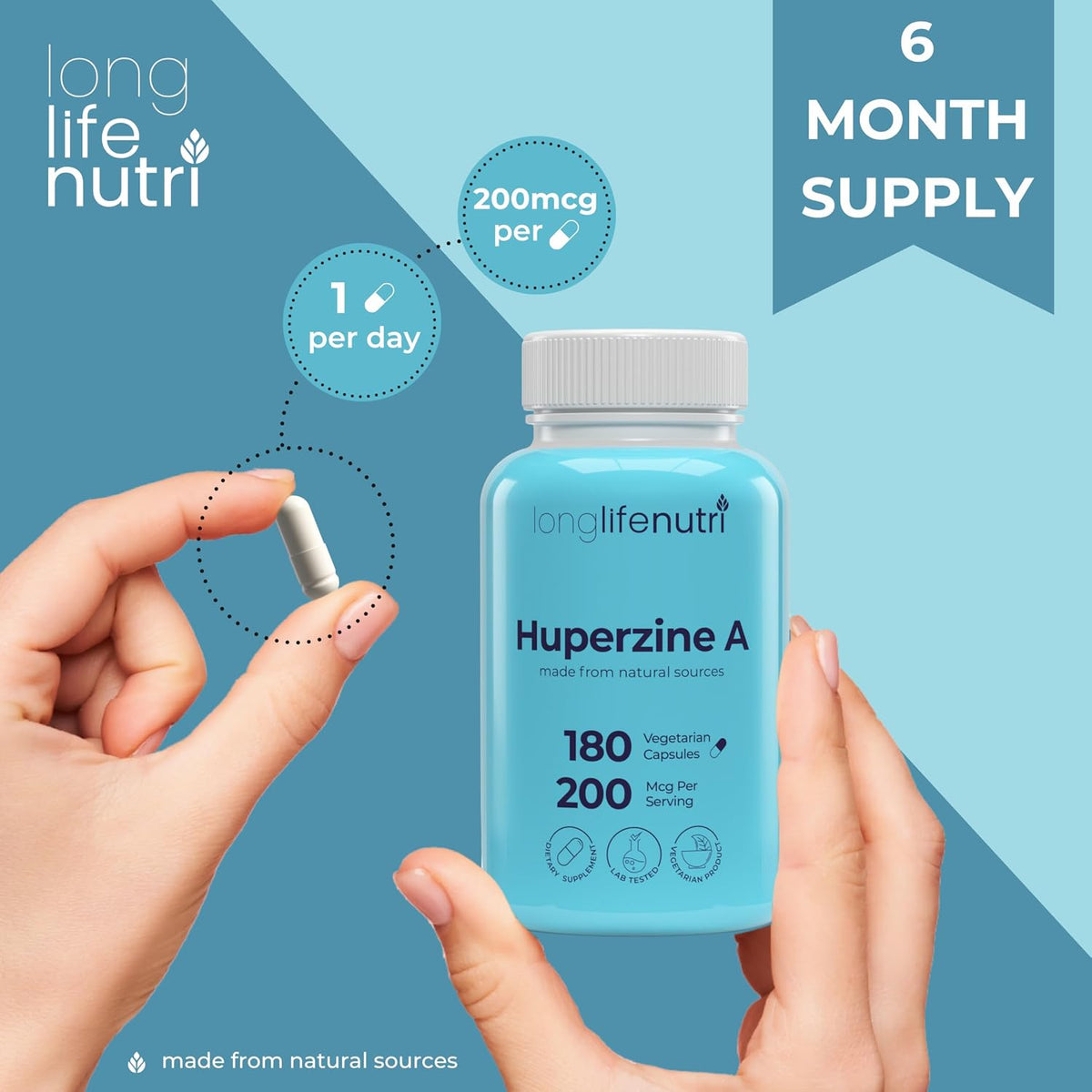 LongLifeNutri Huperzine A 200 mcg - Huperzia serrata Leaf Extract, 180 Vegetarian Capsules, Natural Nootropic for Concentration, Memory, and Clarity - görsel 5