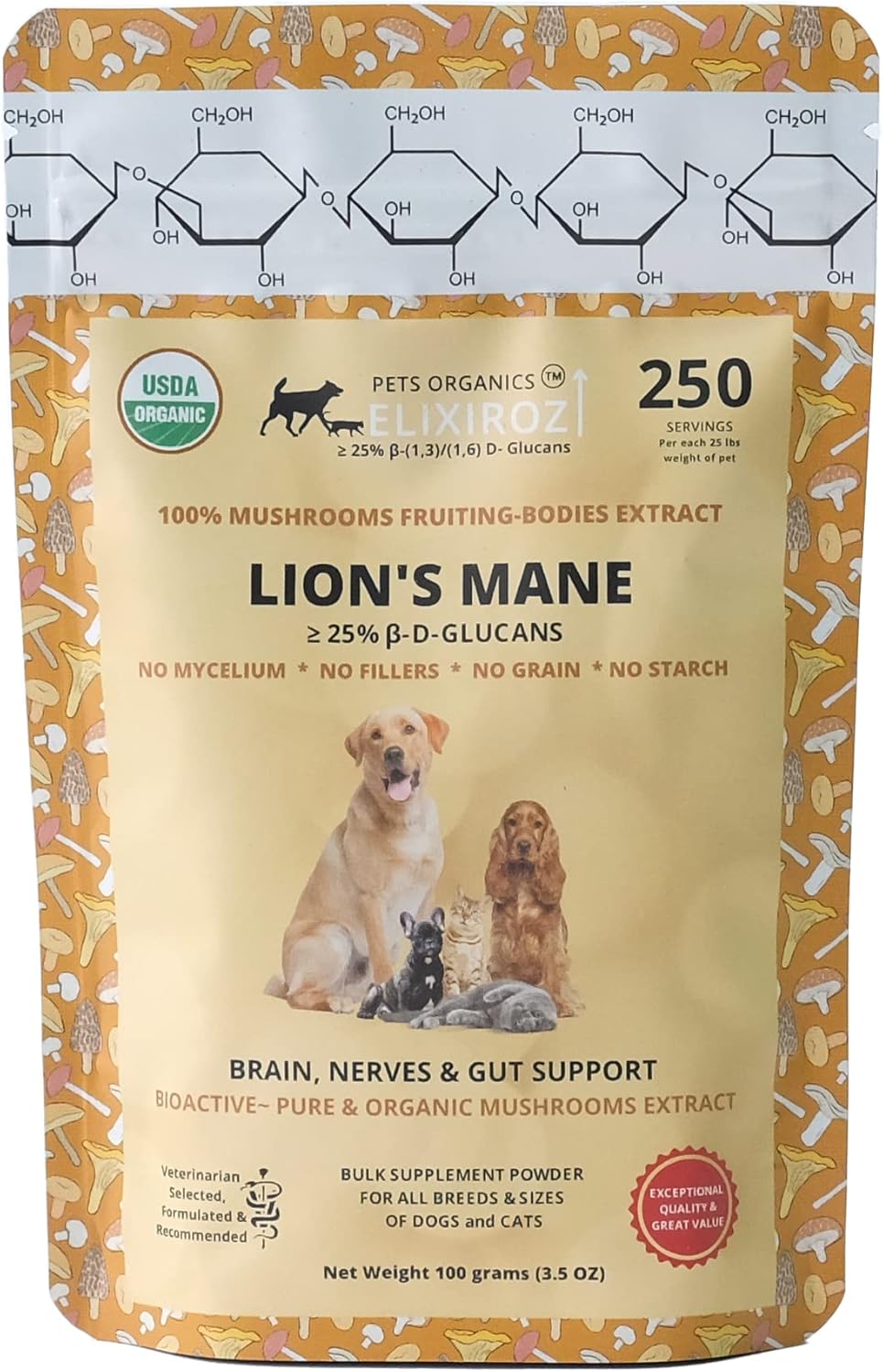 PETS ORGANICS ELIXIROZ Lion's Mane Mushroom Extract for Dogs and Cats – 25% Beta Glucans – Fruiting Body Concentrate – 250 Servings - görsel 1