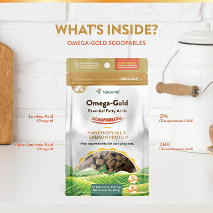 NaturVet Scoopables Omega-Gold Anchovy Oil & Salmon Supplement For Dogs and Cats - Supports Healthy Skin & Coat Plus DHA, EPA, Omega-3, & Omega-6 - Anchovy & Salmon Flavoured For Dog and Cat | 312g Bag