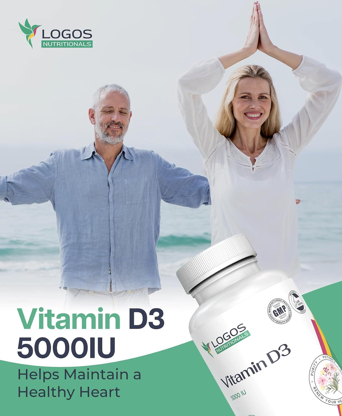 logos nutritionals Vitamin D3 5000 IU Food Supplement - 60 Capsules - görsel 2