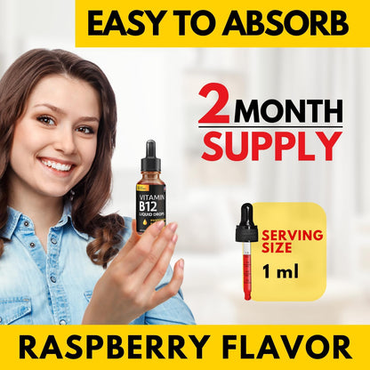 Vitamin B12 Liquid Drops, 5000 µg Methylcobalamin with B2, B3, B6 - Vegan Sublingual B Complex, Raspberry Flavour, 60 ml