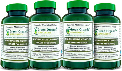 Green Organic Supplements Niacinamide, Niacin, NAD, NADH, High Absorption, Non-GM, Gluten-free (Pack of 4)