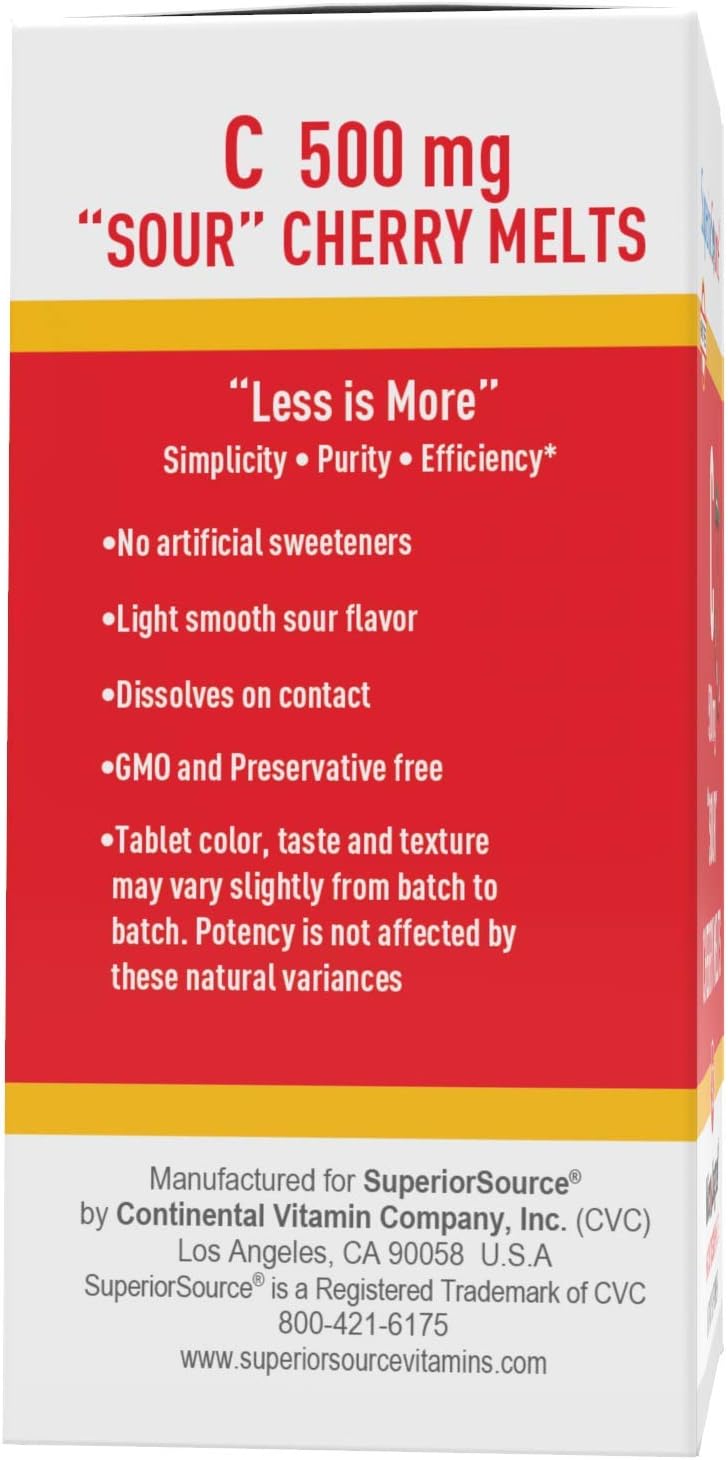 Superior Source Vitamin C 500 mg Sour Cherry Melts – Daily Vitamin Supplement for Immune Health – Contributes to Normal Collagen Formation – 90 Sublingual Dissolving Tablets - görsel 9