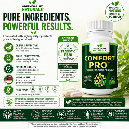 ComfortPro™ Daily Probiotics for Digestive Health | Supports Regularity & Reduces Wind | Gut Cleanse with Zinc | Non-GMO | Valley Formula