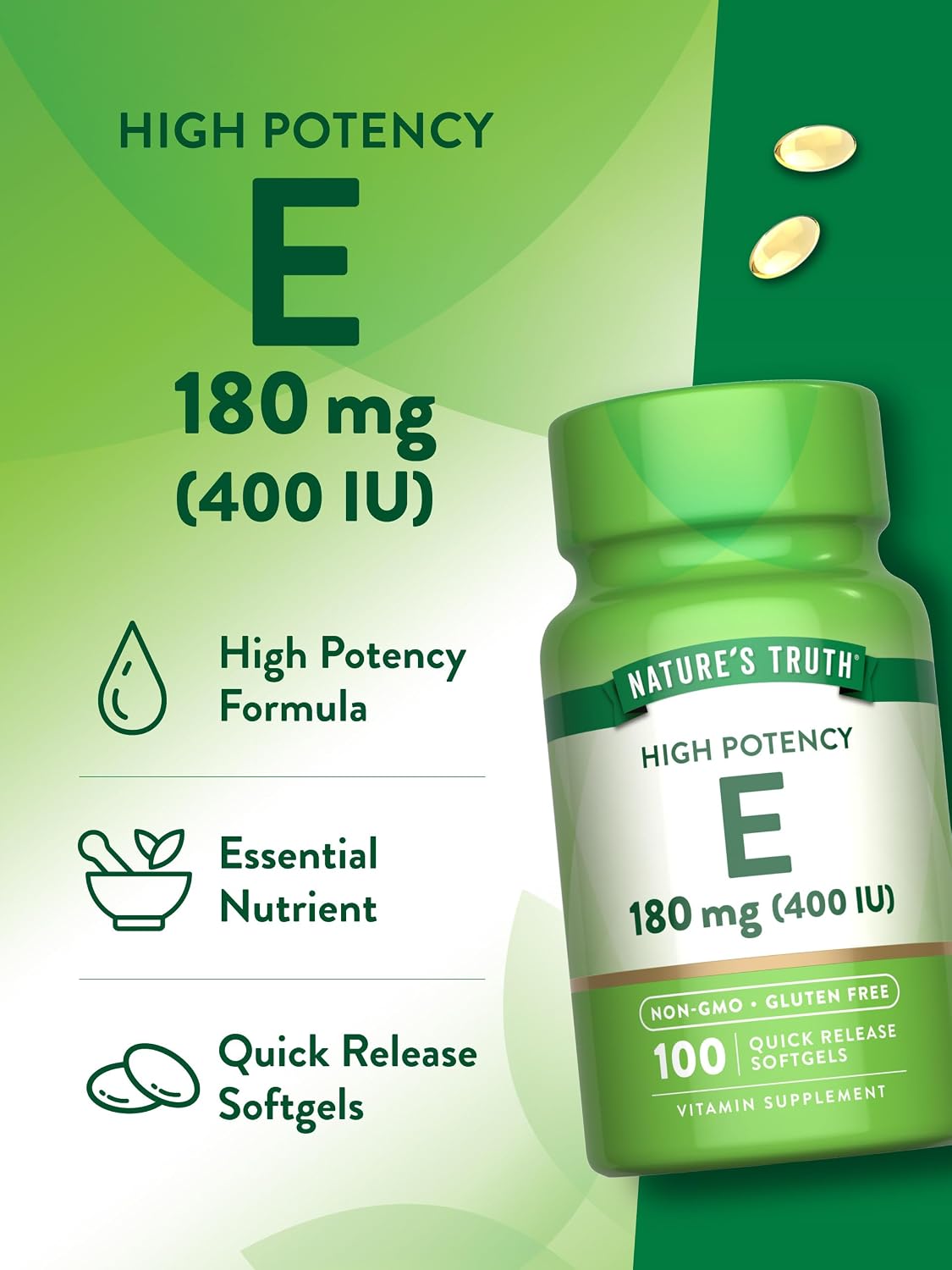 Nature's Truth Vitamin E Softgels | 400 IU 180mg | 100 Count | Non-GMO & Gluten-free Food Supplement - görsel 5