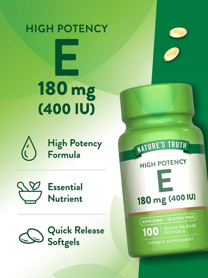 Nature's Truth Vitamin E Softgels | 400 IU 180mg | 100 Count | Non-GMO & Gluten-free Food Supplement