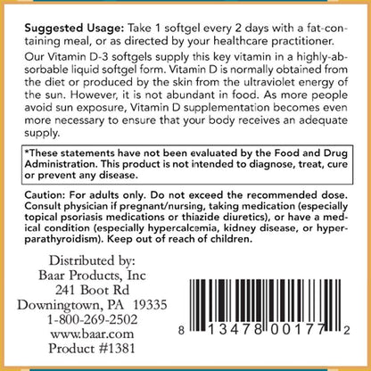 Baar Vitamin D3 Softgels, 5,000 IU, 120 Softgels