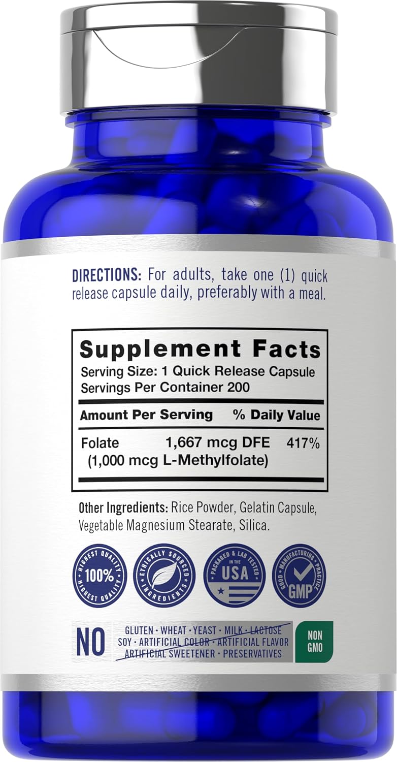 Carlyle L-Methylfolate 1000 mcg | 200 Capsules | Activated 5-MTHF Supplement - görsel 2
