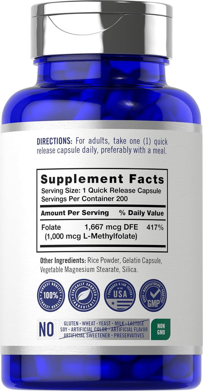 Carlyle L-Methylfolate 1000 mcg | 200 Capsules | Activated 5-MTHF Supplement