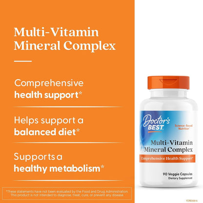 Doctor's Best Multivitamin Mineral Complex - Daily Vegan Multivitamin for Women & Men, Vitamins A, C, D3, E, K2, Riboflavin, & Niacin, Health Support Supplement for Adults, Non-GM, Gluten-Free - 90 Veg Capsules