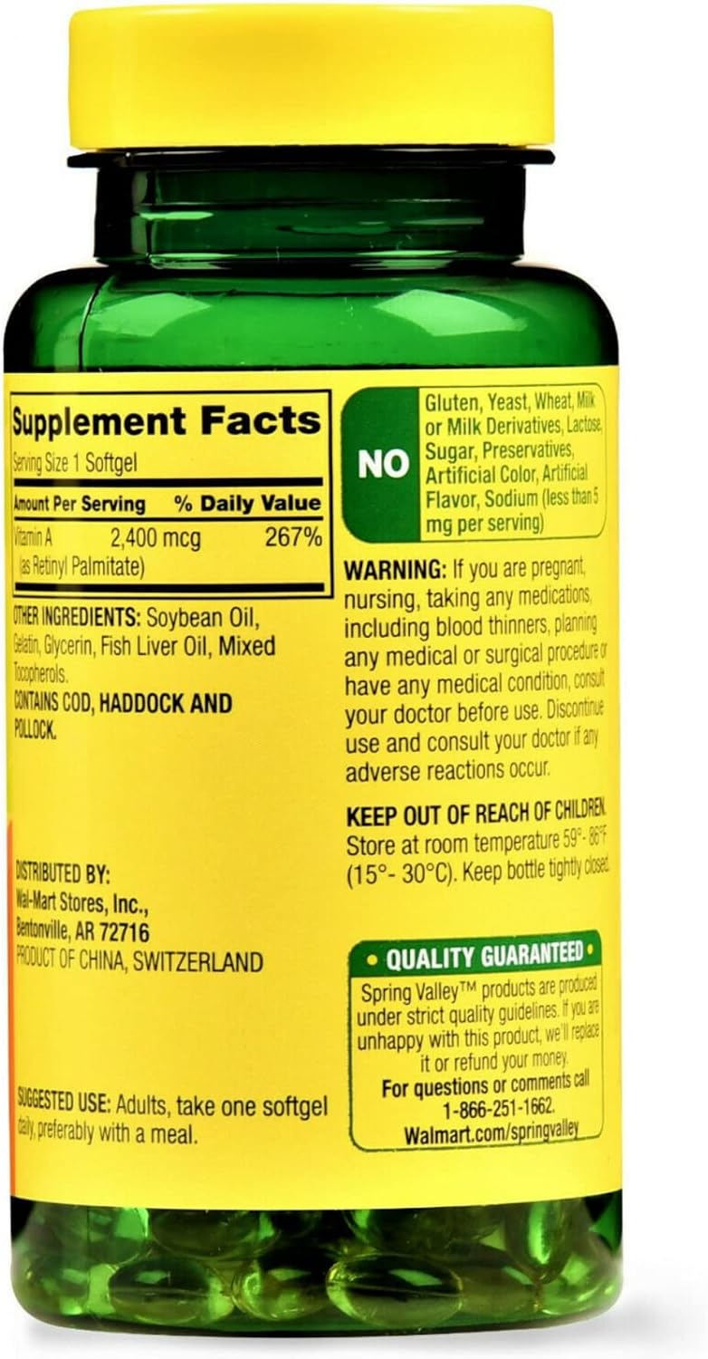 Spring Valley Vitamin A 2400 mcg Softgels - 250 Capsules - görsel 2