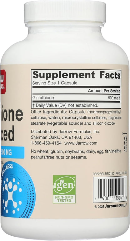 Jarrow Formulae Glutathione Reduced 500 mg - 150 Veggie Capsules - Intracellular Antioxidant - Quality Glutathione Supplement - Supports Recycling of Vitamins C & E - Non-GMO - Gluten-free - Vegan