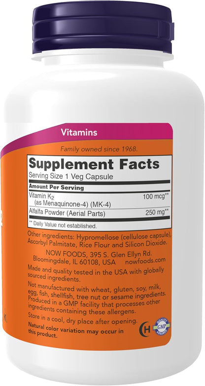 NOW Foods Supplements, Vitamin K-2 100 mcg, Menaquinone-4 (MK-4), Contributes to Normal Bones and Blood Clotting*, 250 Veg Capsules