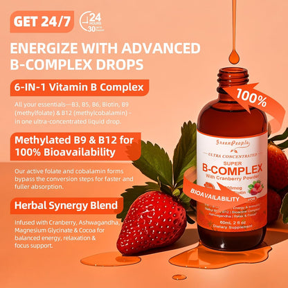 GREENPEOPLE Vitamin Methylated B Complex – Methyl B12 + L-Methyl Folate – Energy, Immunity & Cognitive Support – with Magnesium, Ashwagandha & L-Theanine – Vegan Liquid, 60 ml