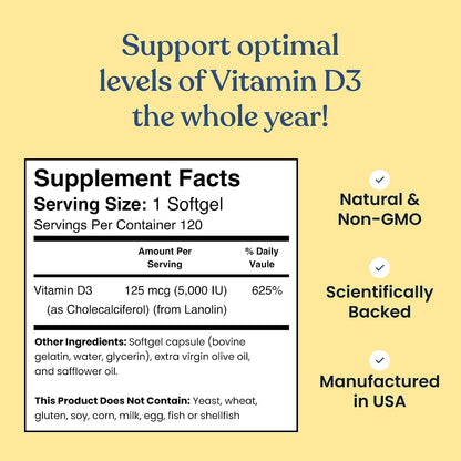 Better Way Health Vitamin D3 5000 IU Softgels – Immune & Bone Support, 120 Count