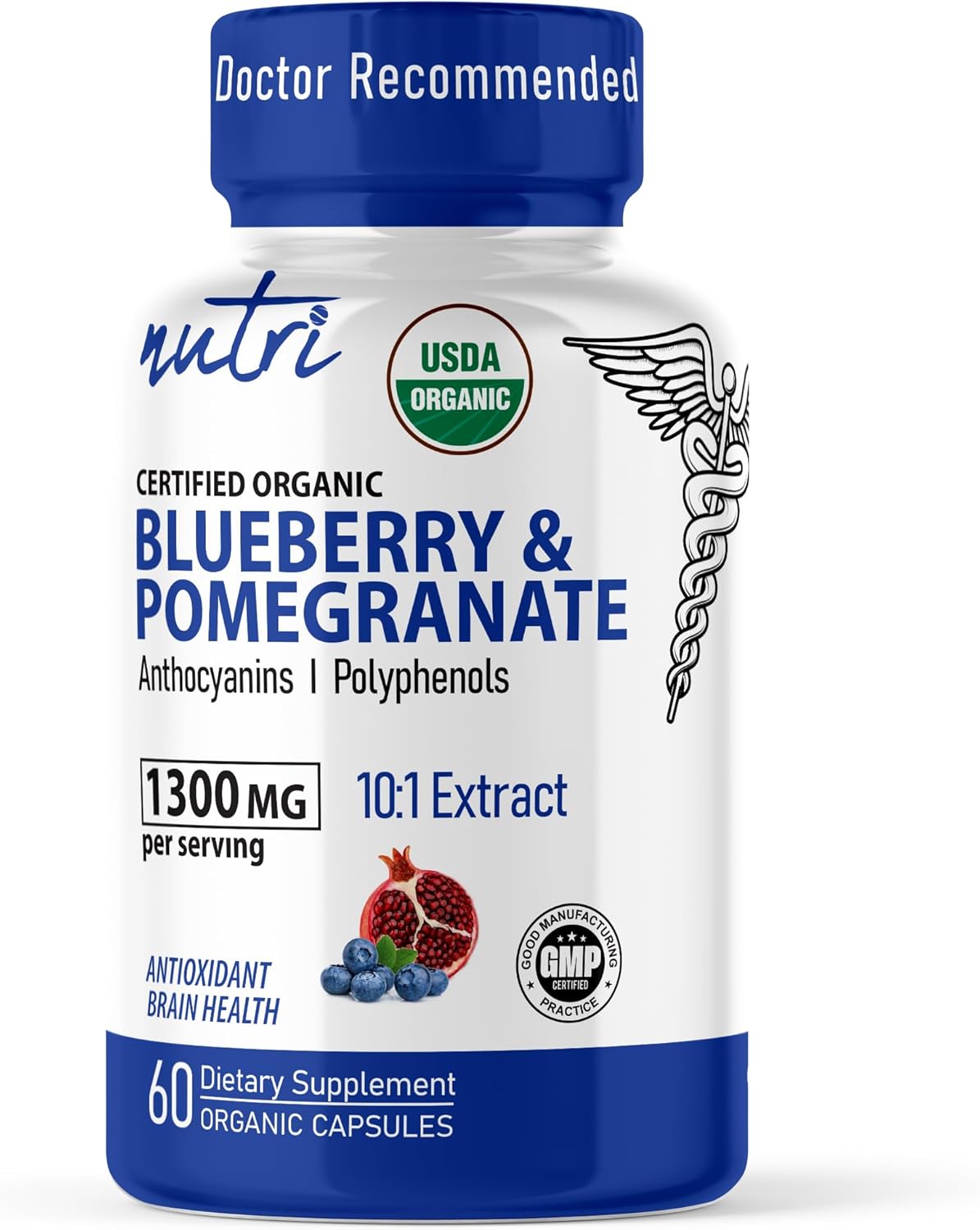 Nutri Organic Blueberry Pomegranate Supplement 1300mg – 800mg 10:1 Blueberry Extract & 500mg 10:1 Pomegranate Extract – Certified Organic – 60 Capsules – High in Anthocyanins and Polyphenols - görsel 1