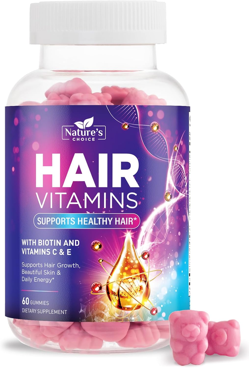Nature's Choice Hair Support Gummies - 5000mcg Biotin with Vitamins E & C, Berry Flavour - görsel 1