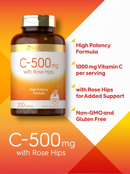 Carlyle Vitamin C 500mg with Rose Hips – 200 Tablets