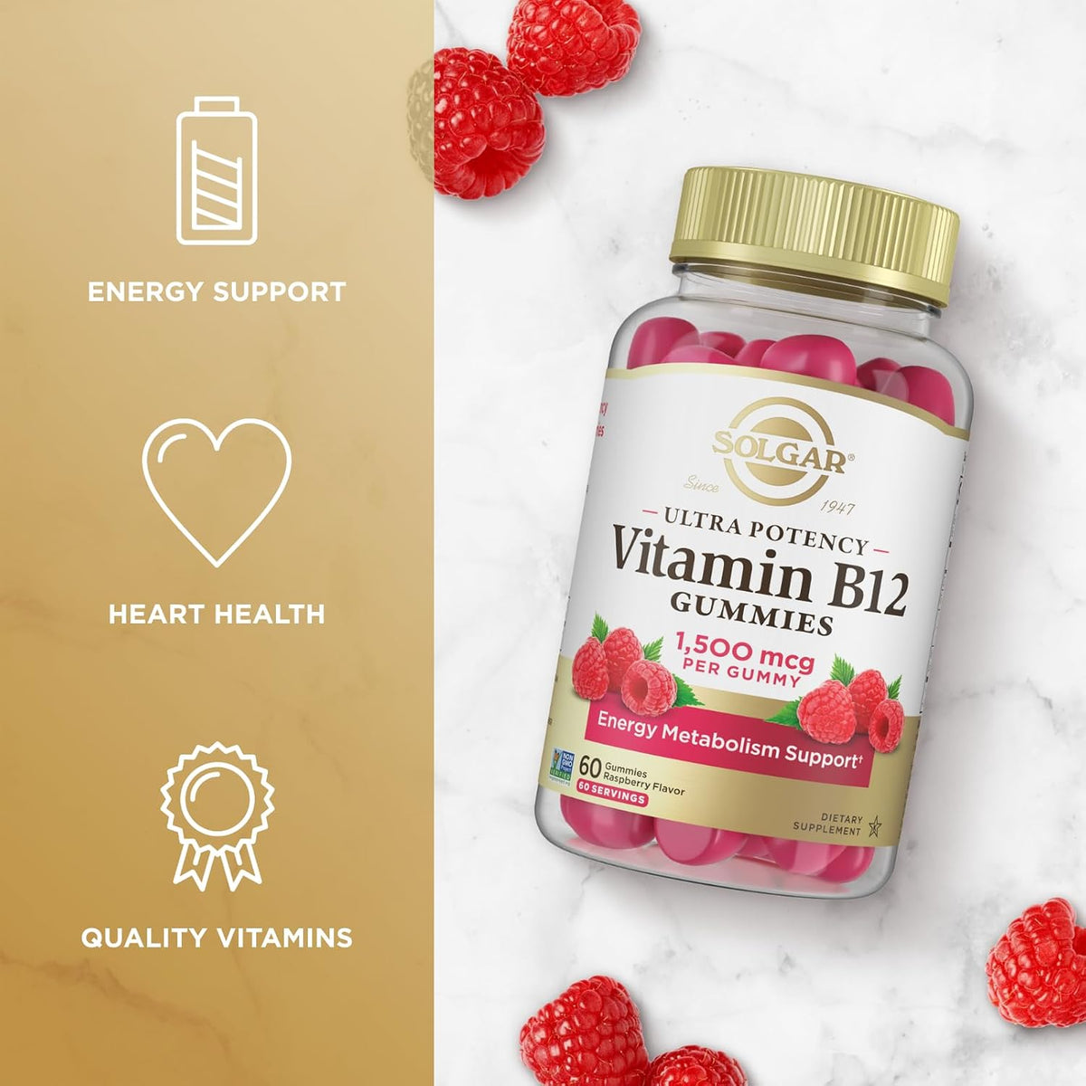 Solgar Methyl B12 Gummies - 1500µg Ultra Potency, Raspberry Flavour, Vegan & Gluten-Free - 60 Gummies - görsel 3