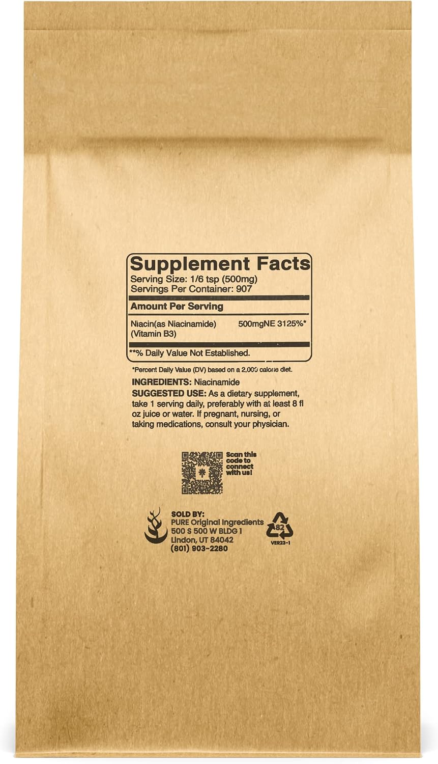 Pure Original Ingredients Niacinamide (500g) Vitamin B3, Flush-Free, Gluten-Free - görsel 2