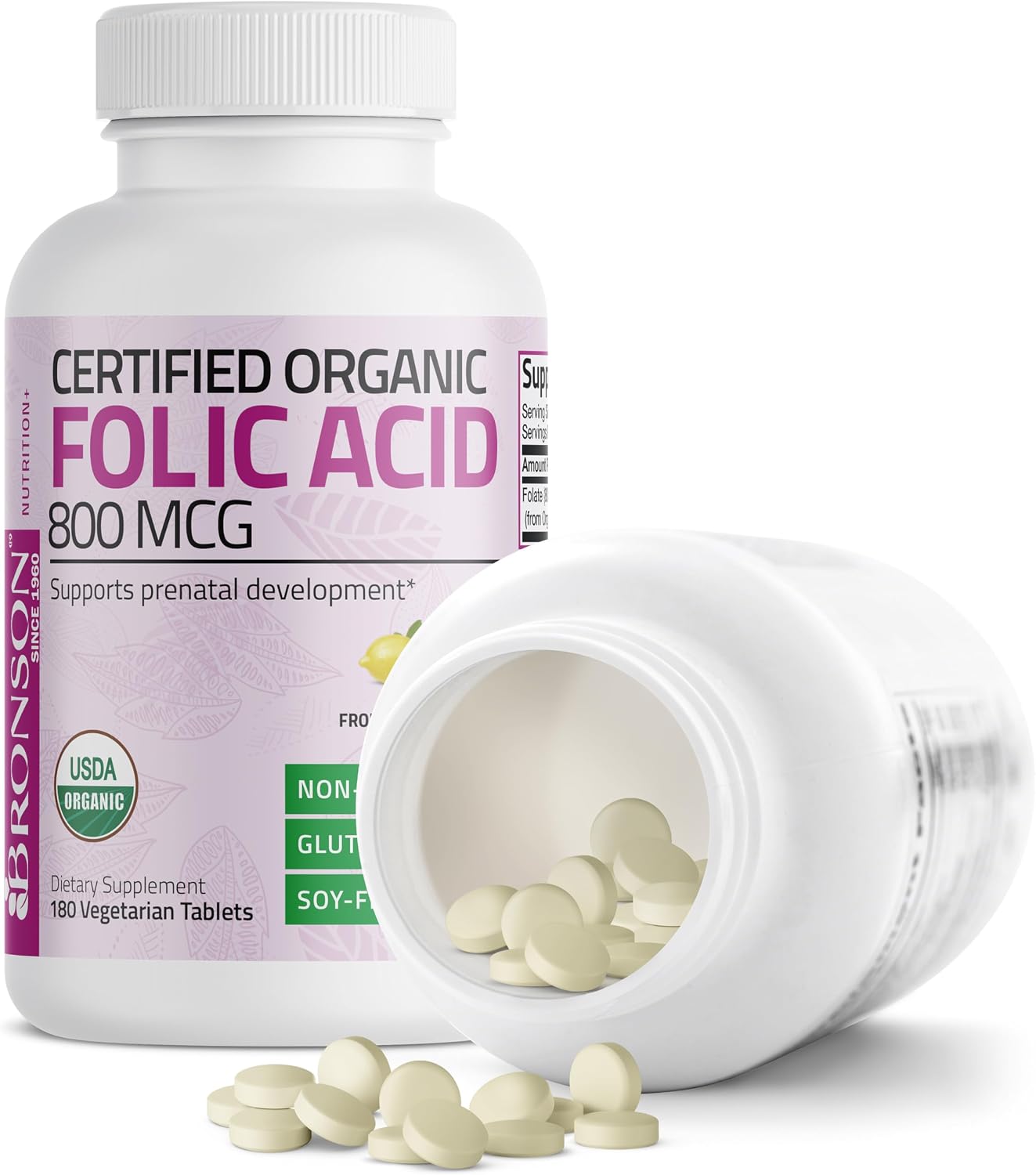 Bronson Organic Folic Acid (Vitamin B9 Folate) 800 mcg Folate from Lemon Peel, 180 Tablets - görsel 4