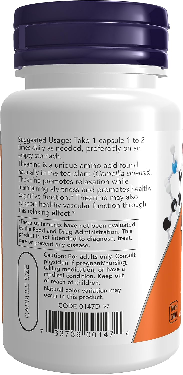 NOW L-Theanine 200 mg, 60 Veg Capsules - görsel 3