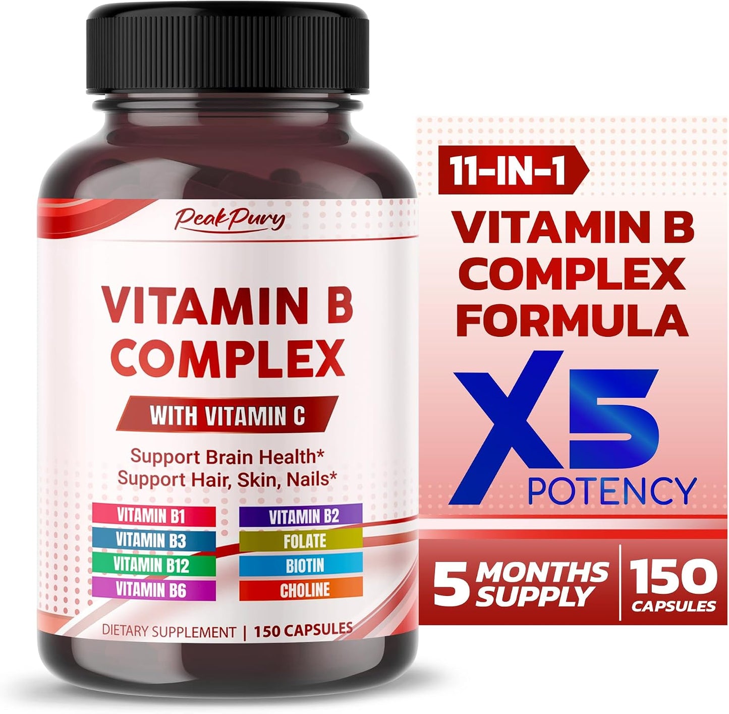 PEAKPURY Ultra Vitamin B Complex with Vitamin C – High Potency B1, B2, B3, Folate, B12, Biotin, B5 & Choline - görsel 1