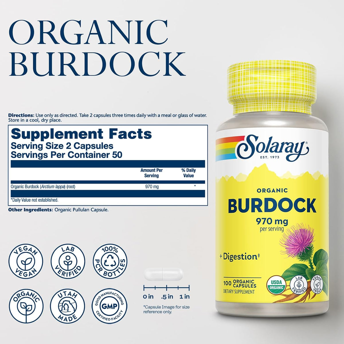 Solaray Organic Burdock Root - 970 mg, 100 Capsules - görsel 2