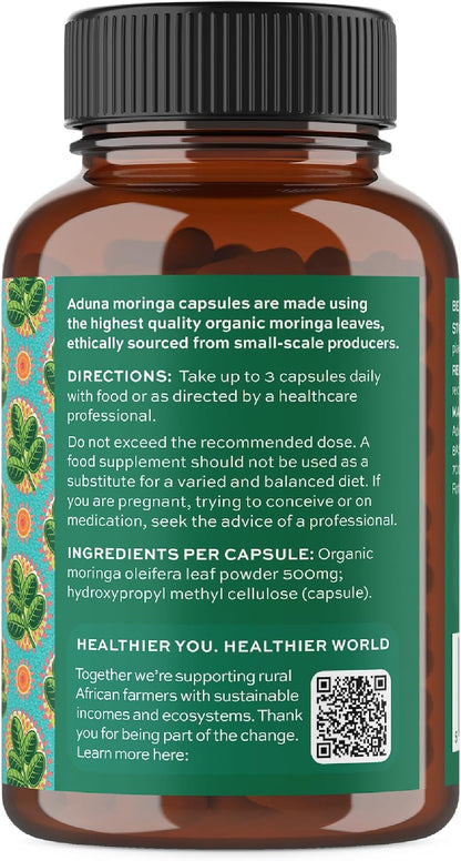 Aduna Organic Moringa Capsules 1500mg | 100% Pure Moringa Leaf Food Supplement | 180 Vegan Capsules
