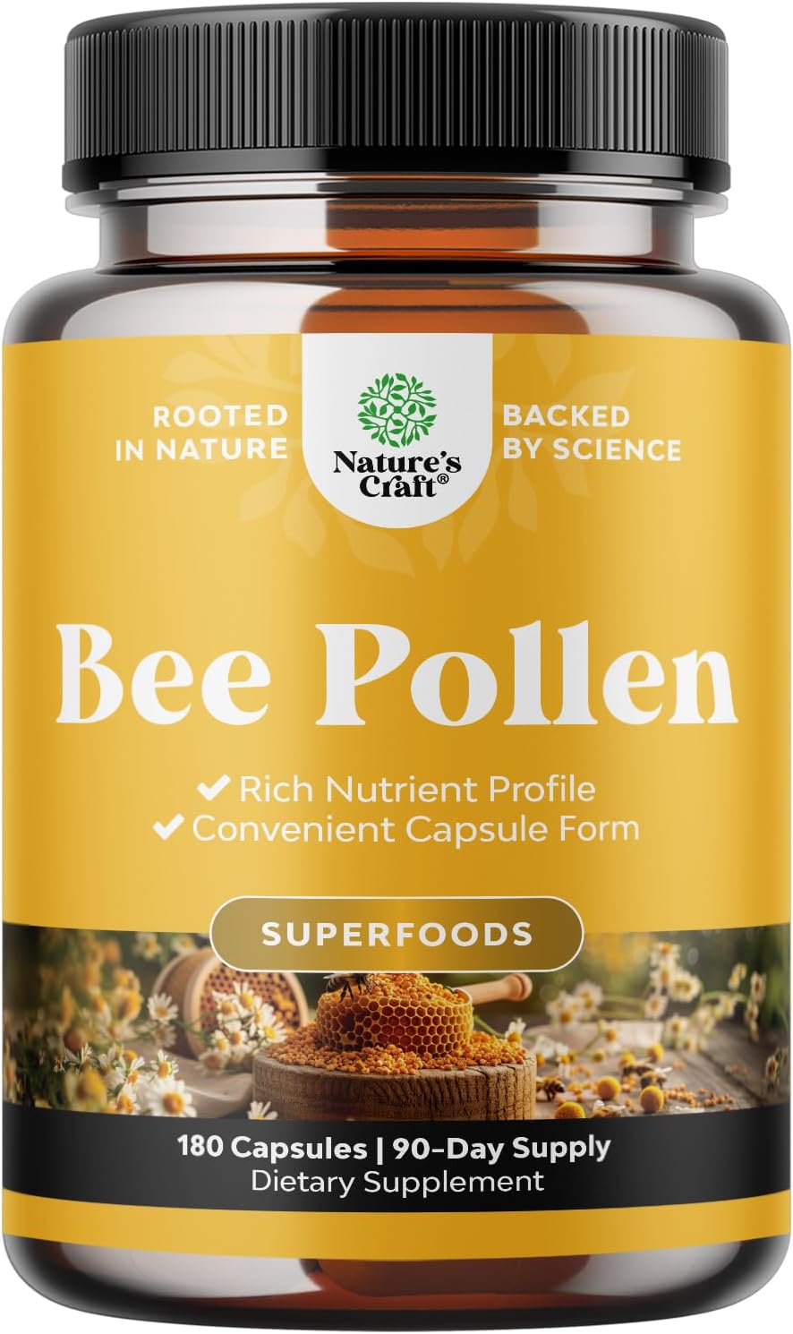 Natures Craft Bee Pollen Pills – 180 Capsules (1000mg per Serving) – Vegetarian, Non-GMO, Gluten-free Supplement - görsel 1