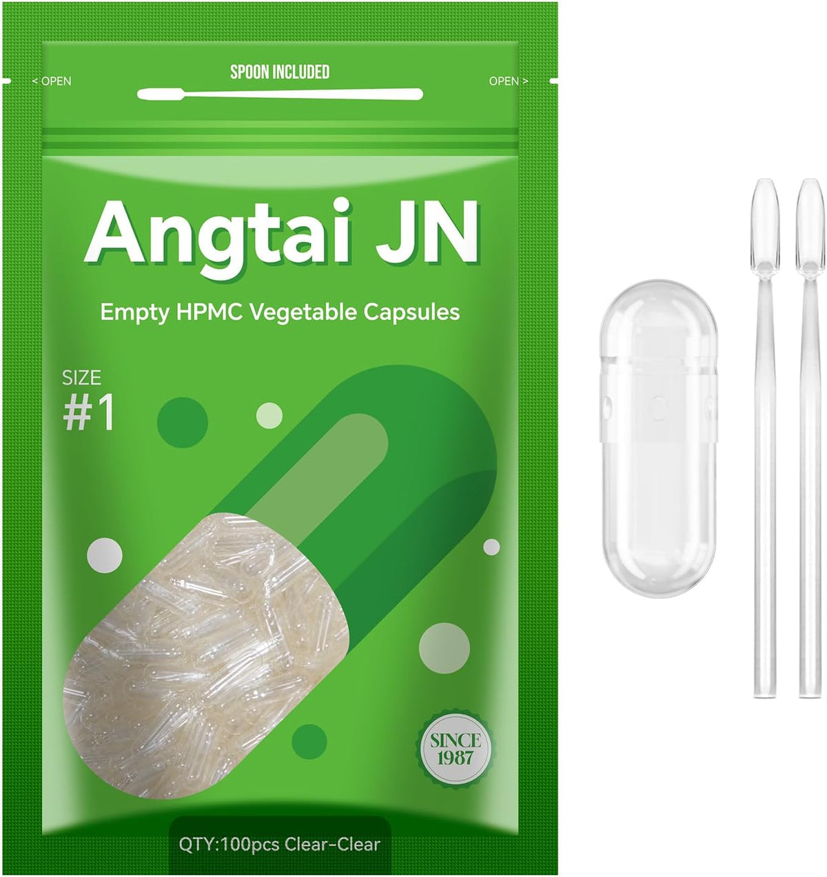 Angtai JN Size 1 Empty Capsules Vegan Plant Based Clear (100 Count) - Gluten-free, Non-GM, Halal Certified Capsule Filling Kit with 2 Spoons - görsel 1