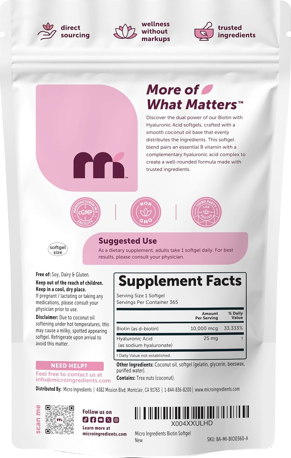 Micro Ingredients Biotin 10,000 mcg with Hyaluronic Acid – 365 Softgels - görsel 7