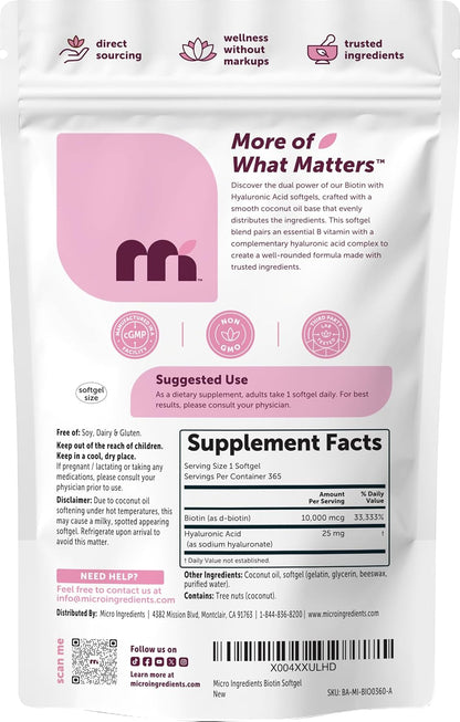 Micro Ingredients Biotin 10,000 mcg with Hyaluronic Acid – 365 Softgels