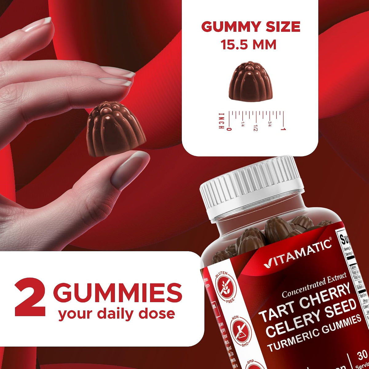 Vitamatic Tart Cherry Gummies with Celery Seed & Turmeric - 3-in-1 Formula, 60 Gummies (Pack of 2) - görsel 3