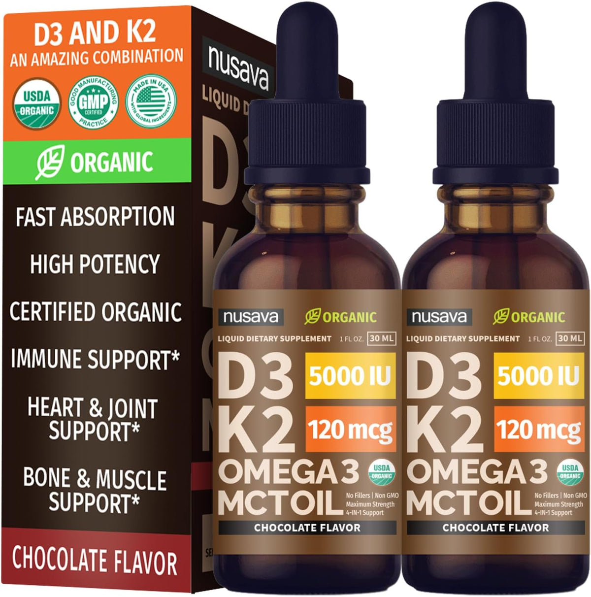 NUSAVA Organic Vitamin D3 K2 Drops with MCT Oil & Omega-3, Chocolate Flavour – Twin Pack - görsel 1