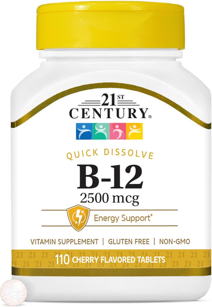 21st Century B12 2500 mcg Quick Dissolve, Energy Support, Cherry Flavour, 110 Tablets