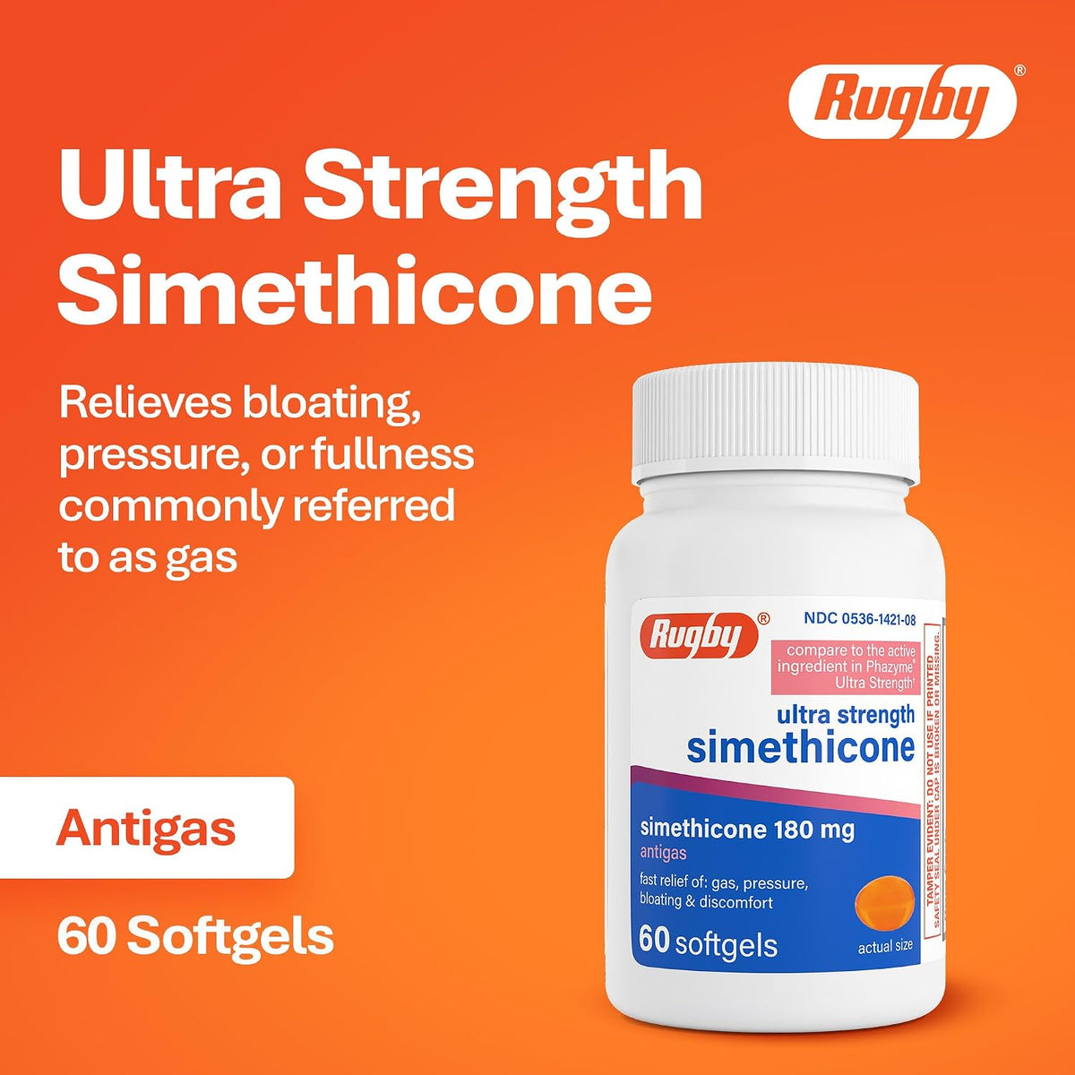 Rugby Ultra Strength Simethicone Gas Relief 180 mg, 60 Softgels - görsel 3