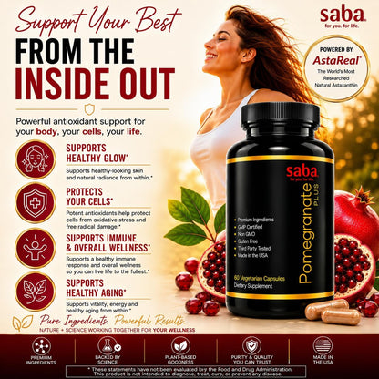 Saba Pomegranate Plus™ - Premium Healthy Ageing Support with AstaReal® Astaxanthin & Pomegranate Extract - 60 Capsules