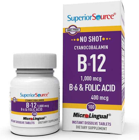 Superior Source No Shot Vitamin B12 Cyanocobalamin 1000 mcg, B6 and Folic Acid 400 mcg - 100 Sublingual Tablets