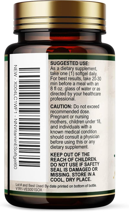 Vitamin E 180mg Per Serving - dl-Alpha Tocopherol Supplement for Skin and Immune Support - 60 Soft gel capsules