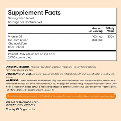 WeightWorld Vitamin D3 4000 IU (100mcg) - Vegan D3 from Lichen, 400 Tablets