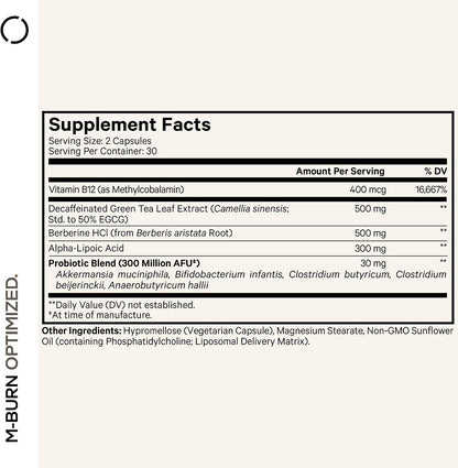 Codeage M-Burn Optimised Supplement - Decaffeinated Green Tea (50% EGCG), Berberine, Akkermansia Probiotic, Vitamin B12 - 60 Capsules