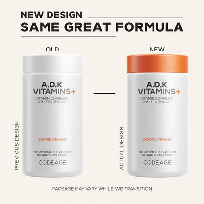 Codeage ADK Vitamins+ - Vitamin A, D3, K1 & K2 - 180 Capsules (6-Month Supply)